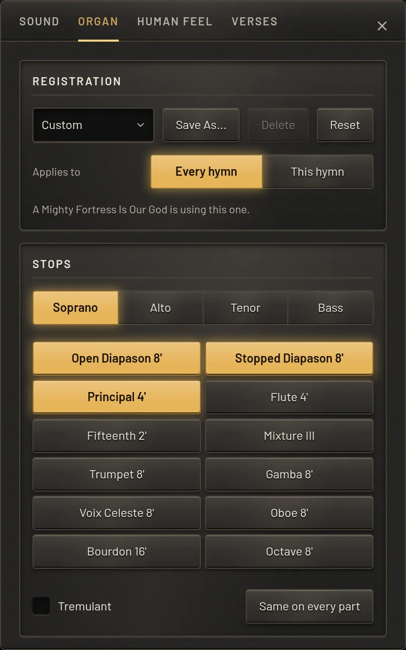 The organ panel in the application: the registration, and the twelve stops of the pipe organ, three of them drawn for the soprano part.