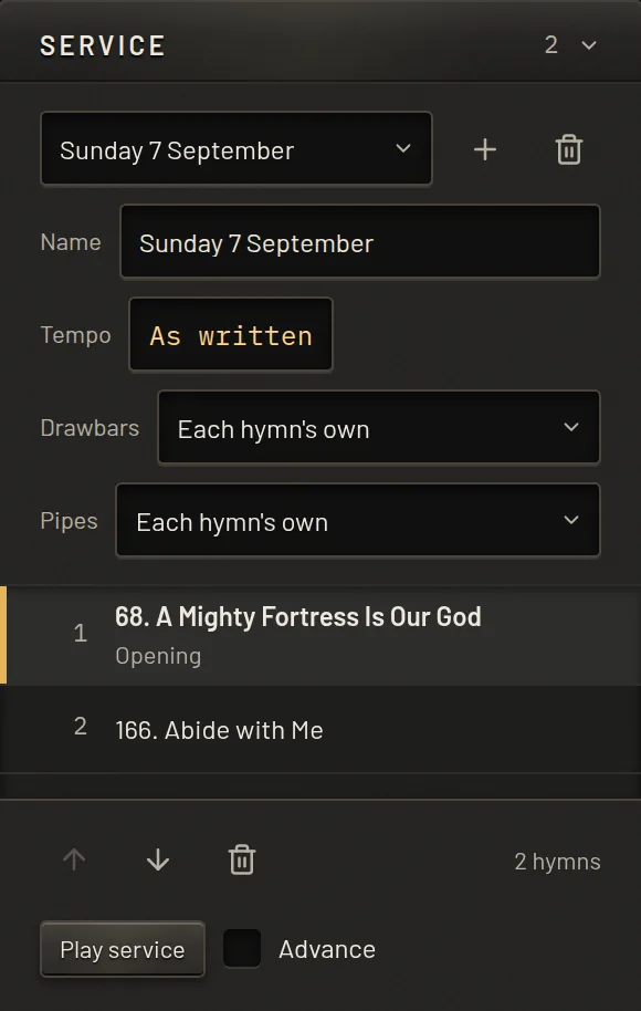 The service column in the application: the service’s name, tempo and registrations, two hymns in order, and Play service.