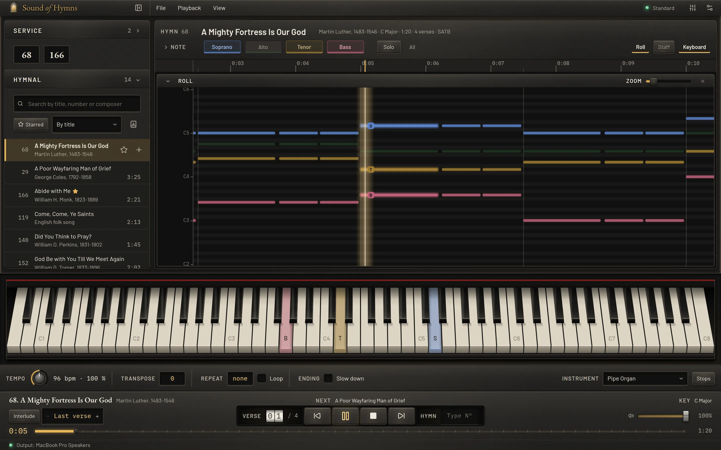 The application playing with the alto left out: the alto’s line dimmed on the roll, the other three parts lit on the keys.